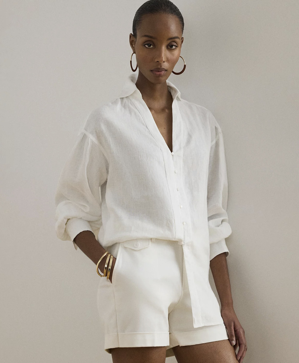 Lauren Ralph Lauren Women Blouson Sleeve Linen Shirt White Size M